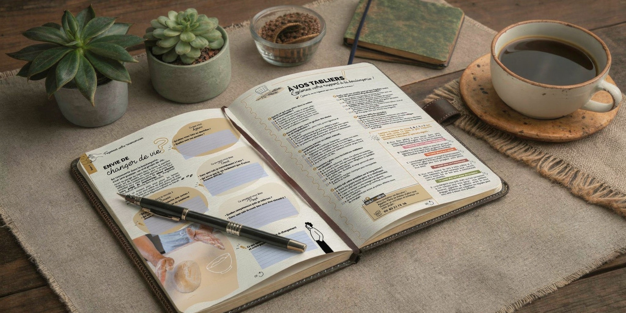 Aperçu d'un bureau et d'une tasse de café avec un crayon sur le guide de la reconversion en boulangerie